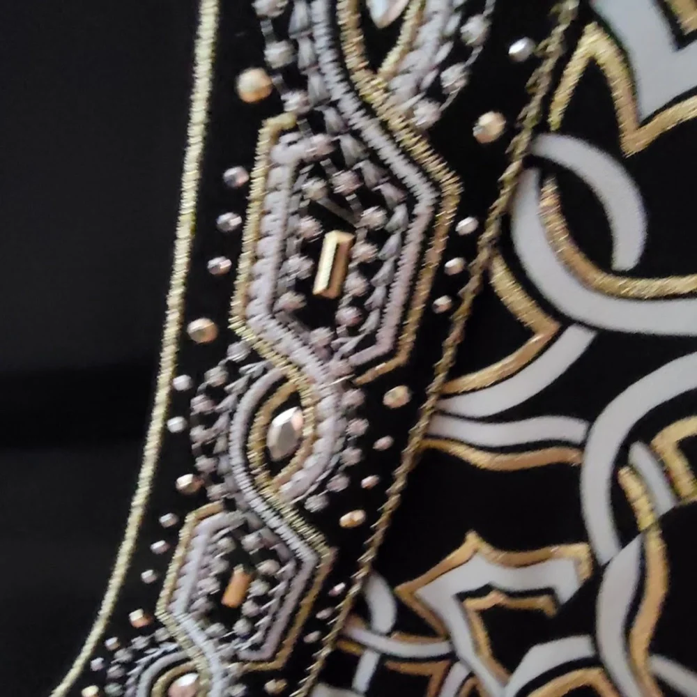 WHBM Black/Gold/White Metallic Midi Dress Embellished w/ Rhinestones. Size L - Picture 6 of 11